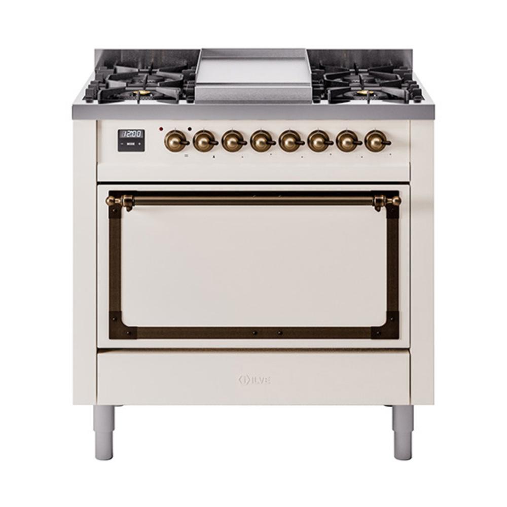 Ilve UN36FQNMPAWB Ilve Un36Fqnmpawb Nostalgie Ii Noblesse 36" Dual Fuel Range (Natural Gas, Solid Door, Antique White, Burnished)