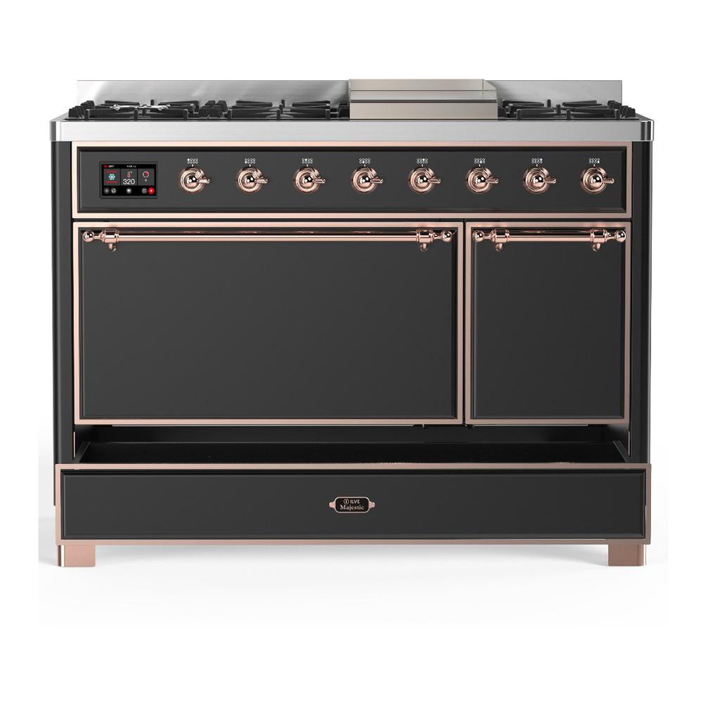 Ilve UM48FQNR3MGP Ilve Um48Fqnr3Mgp Majestic Iii 48 Inch Dual Fuel Range With 8 Burners And Griddle, Dual Function Burner Up To 25,000 Btu (Natural Gas, Solid Door, Graphite Matte, Copper)