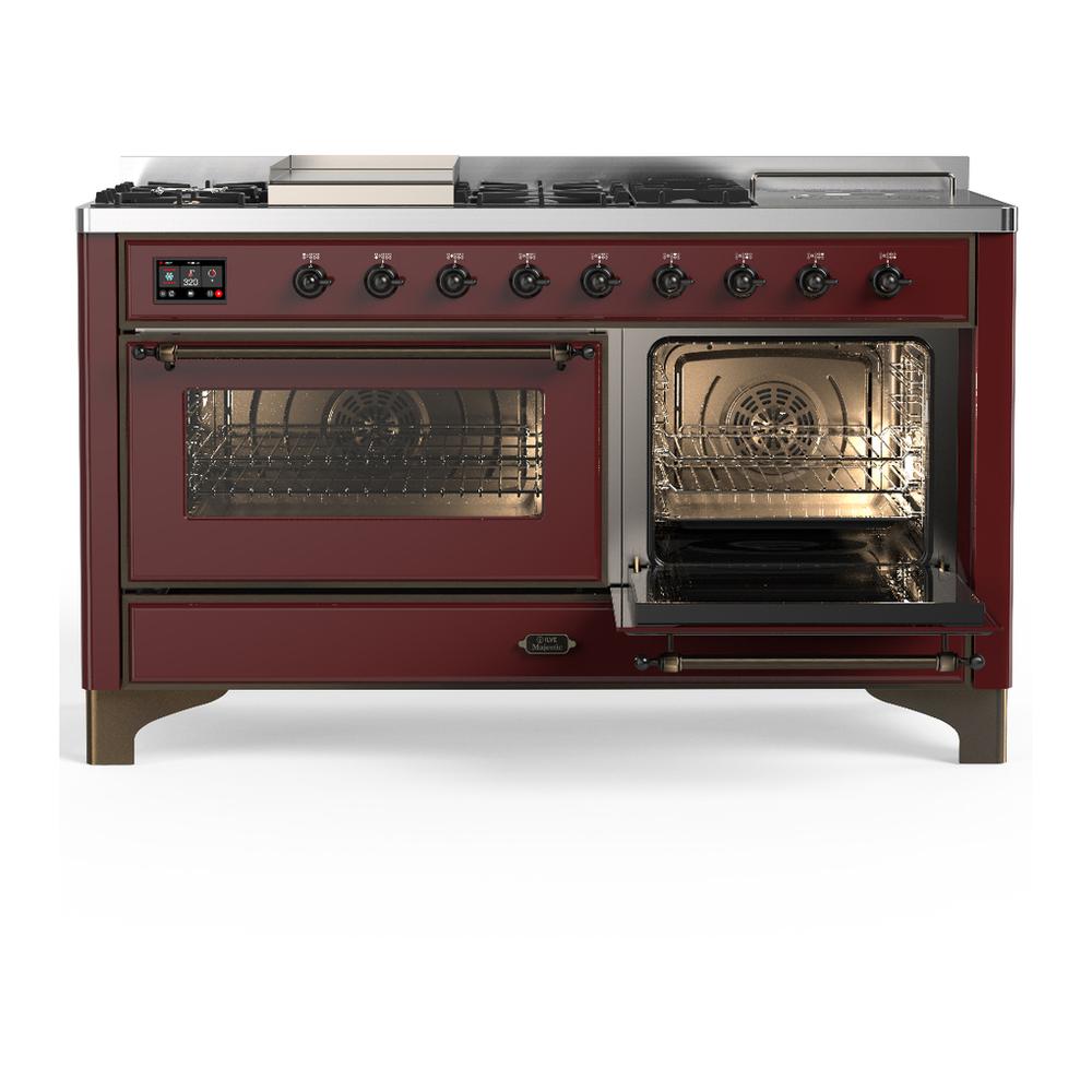 Ilve UM60FSNR3BUBLP Ilve Um60Fsnr3Bublp Majestic Iii 60 Inch Dual Fuel Range With 7 Burners, Griddle And French Top, Dual Function Burner With Up To 25,000 Btu (Liquid Propane, Triple Glass Door, Burgundy, Burnished)