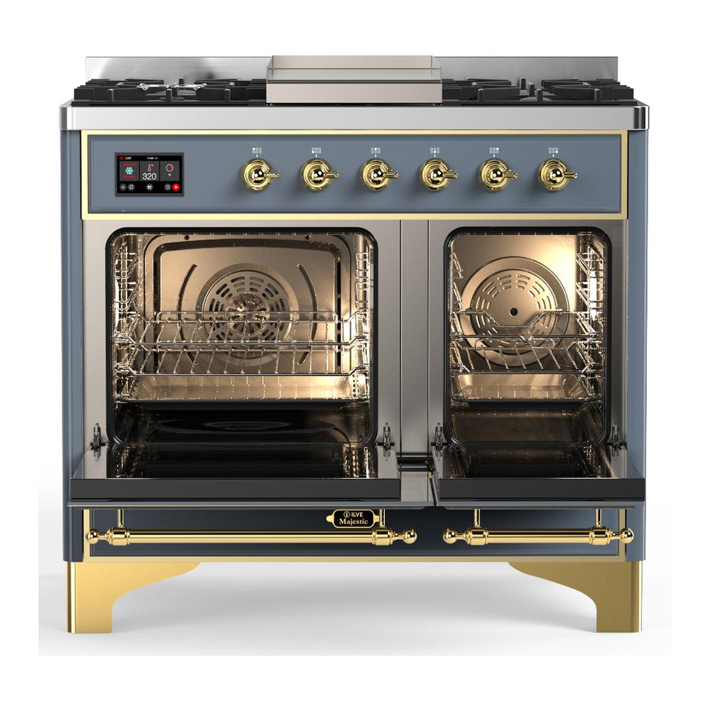 Ilve UMD40FNR3BGGLP Ilve Umd40Fnr3Bgglp Majestic Iii 40 Inch Dual Fuel Range With 6 Burners And Griddle, Dual Function Burner Up To 25,000 Btu (Liquid Propane, Triple Glass Door, Blue Grey, Brass)