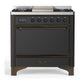 Ilve UM36FQNR3MGB Ilve Um36Fqnr3Mgb Majestic Iii 36 Inch Dual Fuel Range With 6 Black Brass Burners And Griddle, Dual Function Burner Up To 25,000 Btu (Solid Door, Graphite Matte, Burnished, Natural Gas)