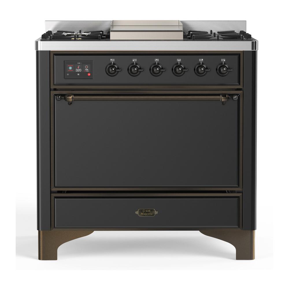 Ilve UM36FQNR3MGB Ilve Um36Fqnr3Mgb Majestic Iii 36 Inch Dual Fuel Range With 6 Black Brass Burners And Griddle, Dual Function Burner Up To 25,000 Btu (Solid Door, Graphite Matte, Burnished, Natural Gas)