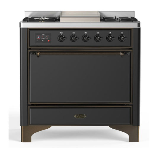 Ilve UM36FQNR3MGB Ilve Um36Fqnr3Mgb Majestic Iii 36 Inch Dual Fuel Range With 6 Black Brass Burners And Griddle, Dual Function Burner Up To 25,000 Btu (Solid Door, Graphite Matte, Burnished, Natural Gas)