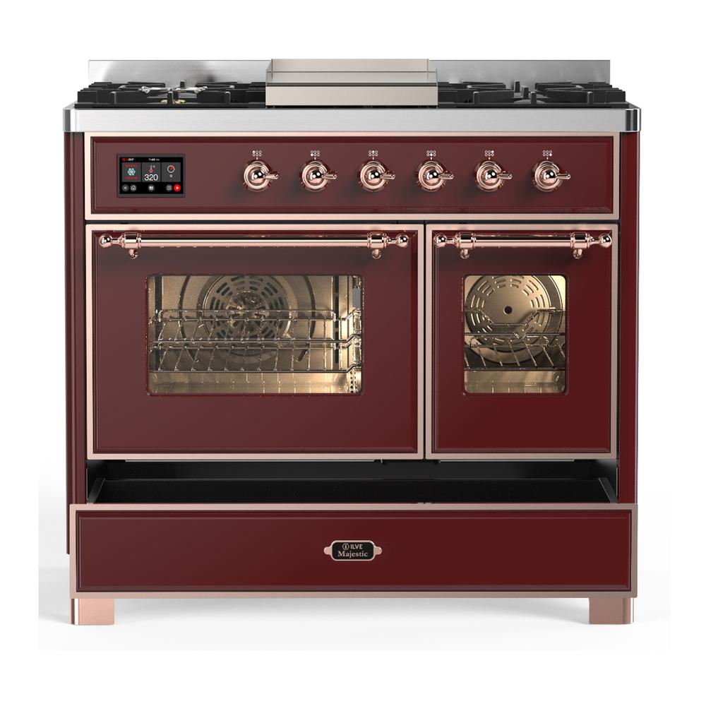 Ilve UMD40FNR3BUP Ilve Umd40Fnr3Bup Majestic Iii 40 Inch Dual Fuel Range With 6 Burners And Griddle, Dual Function Burner Up To 25,000 Btu (Natural Gas, Triple Glass Door, Burgundy, Copper)