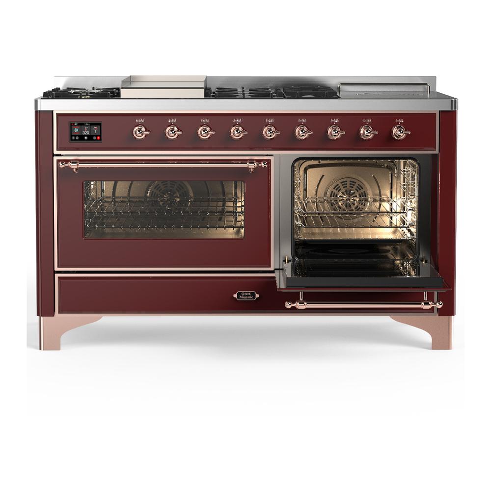 Ilve UM60FSNR3BUPLP Ilve Um60Fsnr3Buplp Majestic Iii 60 Inch Dual Fuel Range With 7 Burners, Griddle And French Top, Dual Function Burner With Up To 25,000 Btu (Liquid Propane, Triple Glass Door, Burgundy, Copper)