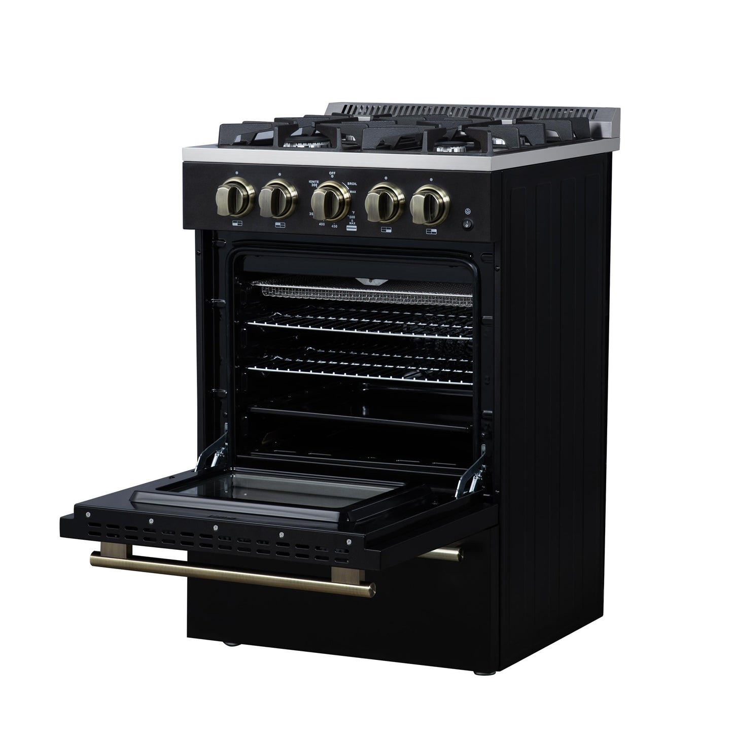 Forno FFSGS627224BLK Forno Breno 24 Inch Freestanding Gas Range In Black With Antique Brass, Compact Design