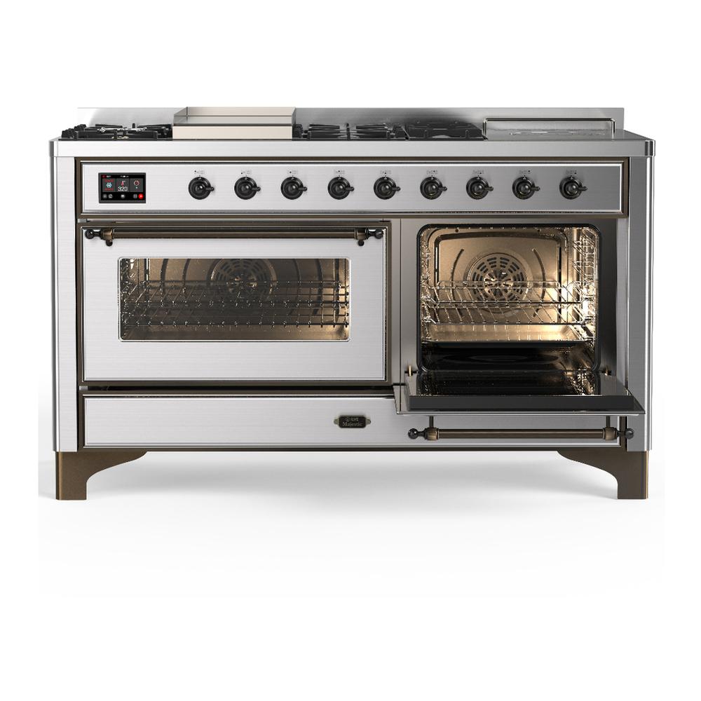 Ilve UM60FSNR3SSB Ilve Um60Fsnr3Ssb Majestic Iii 60 Inch Dual Fuel Range With 7 Burners, Griddle And French Top, Dual Function Burner With Up To 25,000 Btu (Natural Gas, Triple Glass Door, Stainless Steel, Burnished)