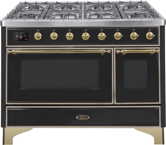 Ilve UM12FDNS3BKG Majestic Ii 48 Inch Dual Fuel Natural Gas Freestanding Range In Glossy Black With Brass Trim