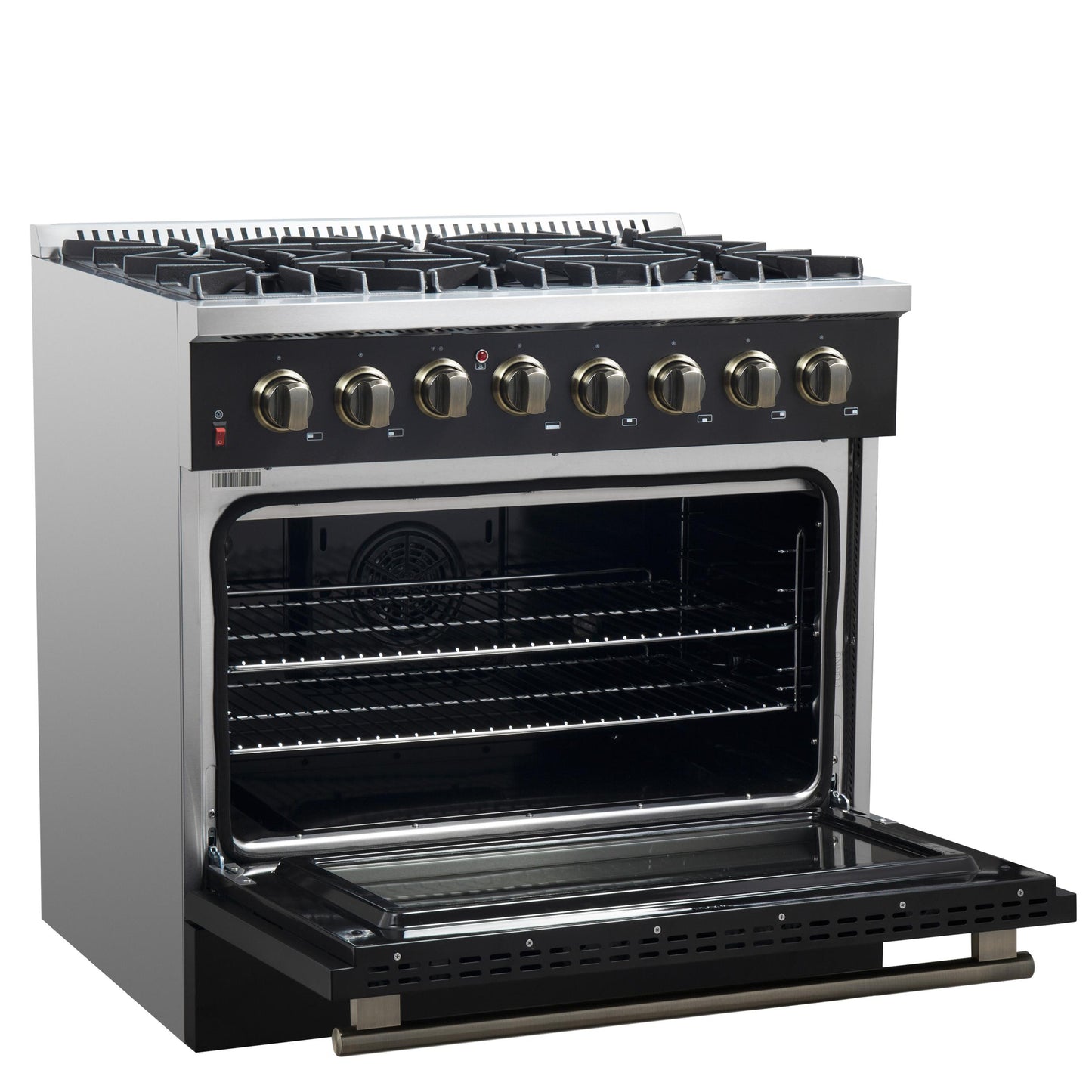Forno FFSGS615636BLK Forno Galiano 36-Inch Dual Fuel Range In Black & Antique Brass Design, 6 Sealed Burners 83,000 Btu, 5.36 Cu.Ft. True Convection Oven