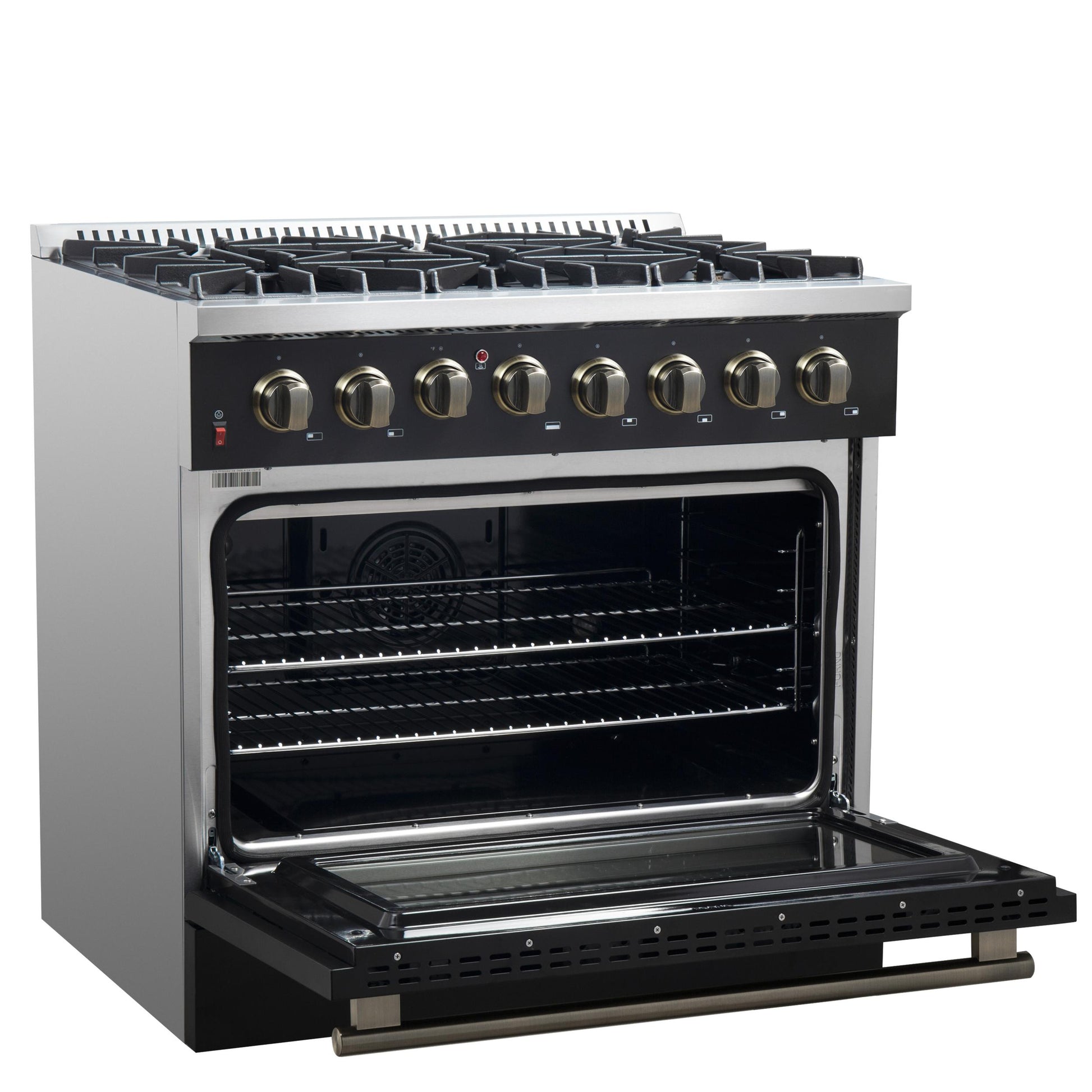 Forno FFSGS615636BLK Forno Galiano 36-Inch Dual Fuel Range In Black & Antique Brass Design, 6 Sealed Burners 83,000 Btu, 5.36 Cu.Ft. True Convection Oven