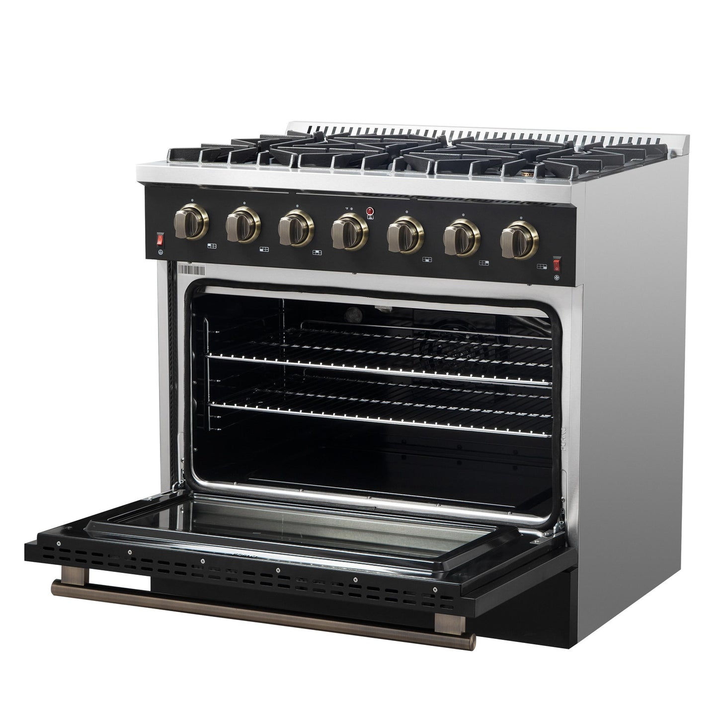 Forno FFSGS624436BLK Forno Galiano 36-Inch Freestanding Gas Range In Black With Antique Brass Design, 6 Burners, 83,000 Btu, 5.36 Cu.Ft. Convection Oven
