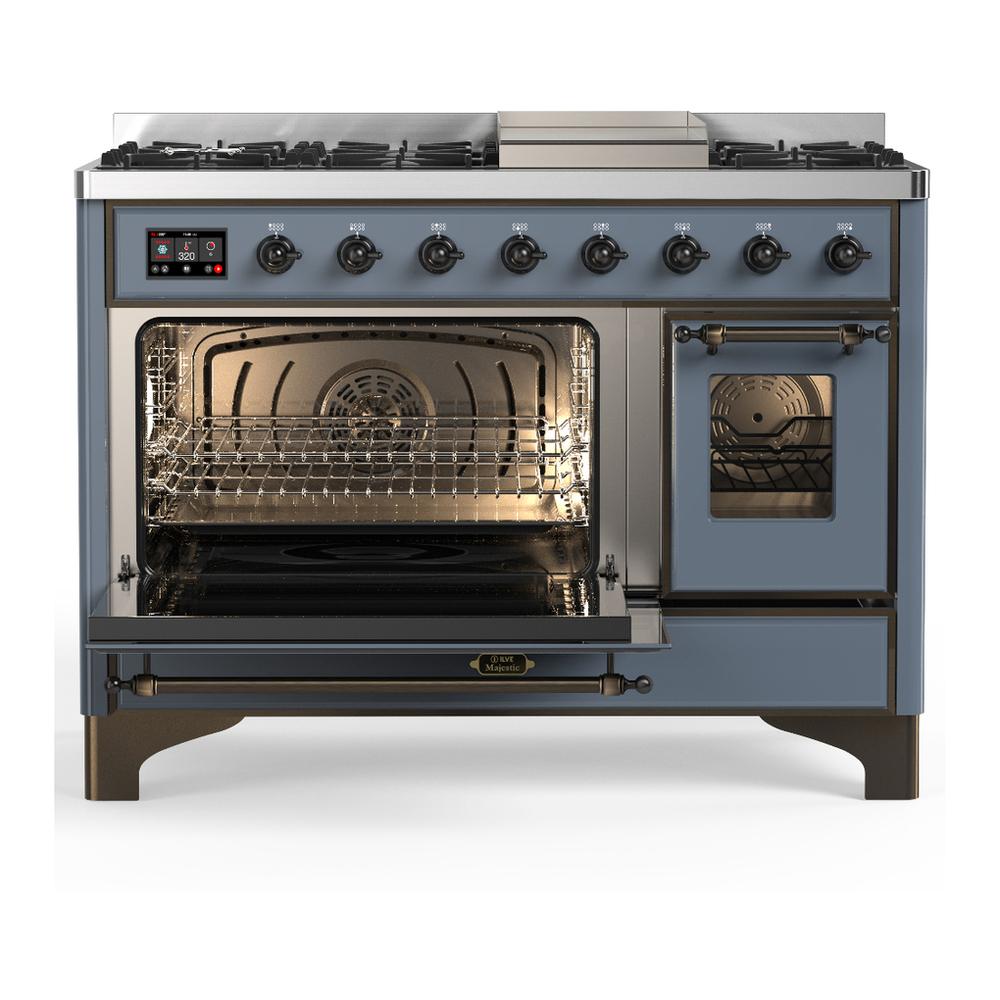 Ilve UM48FNR3BGBLP Ilve Um48Fnr3Bgblp Majestic Iii 48 Inch Dual Fuel Range With 8 Burners And Griddle, Dual Function Burner Up To 25,000 Btu (Liquid Propane, Triple Glass Door, Blue Grey, Burnished)