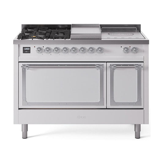 Ilve UN48FSQNMPWHCLP Ilve Un48Fsqnmpwhclp Nostalgie Ii Noblesse 48" Dual Fuel Range (5 Sealed Burners + Griddle + French Top, Liquid Propane, Solid Door, White, Chrome)