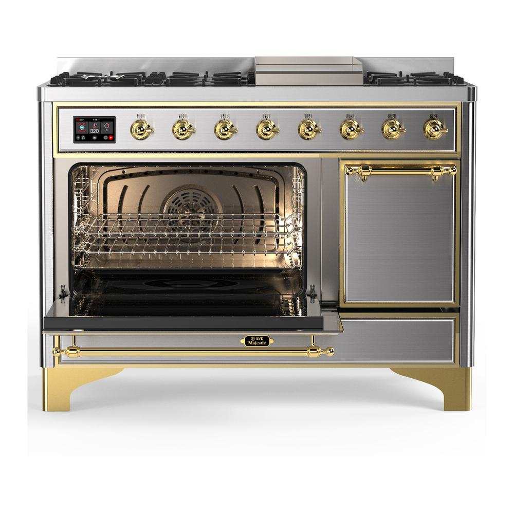 Ilve UM48FQNR3SSGLP Ilve Um48Fqnr3Ssglp Majestic Iii 48 Inch Dual Fuel Range With 8 Burners And Griddle, Dual Function Burner Up To 25,000 Btu (Liquid Propane, Solid Door, Stainless Steel, Brass)