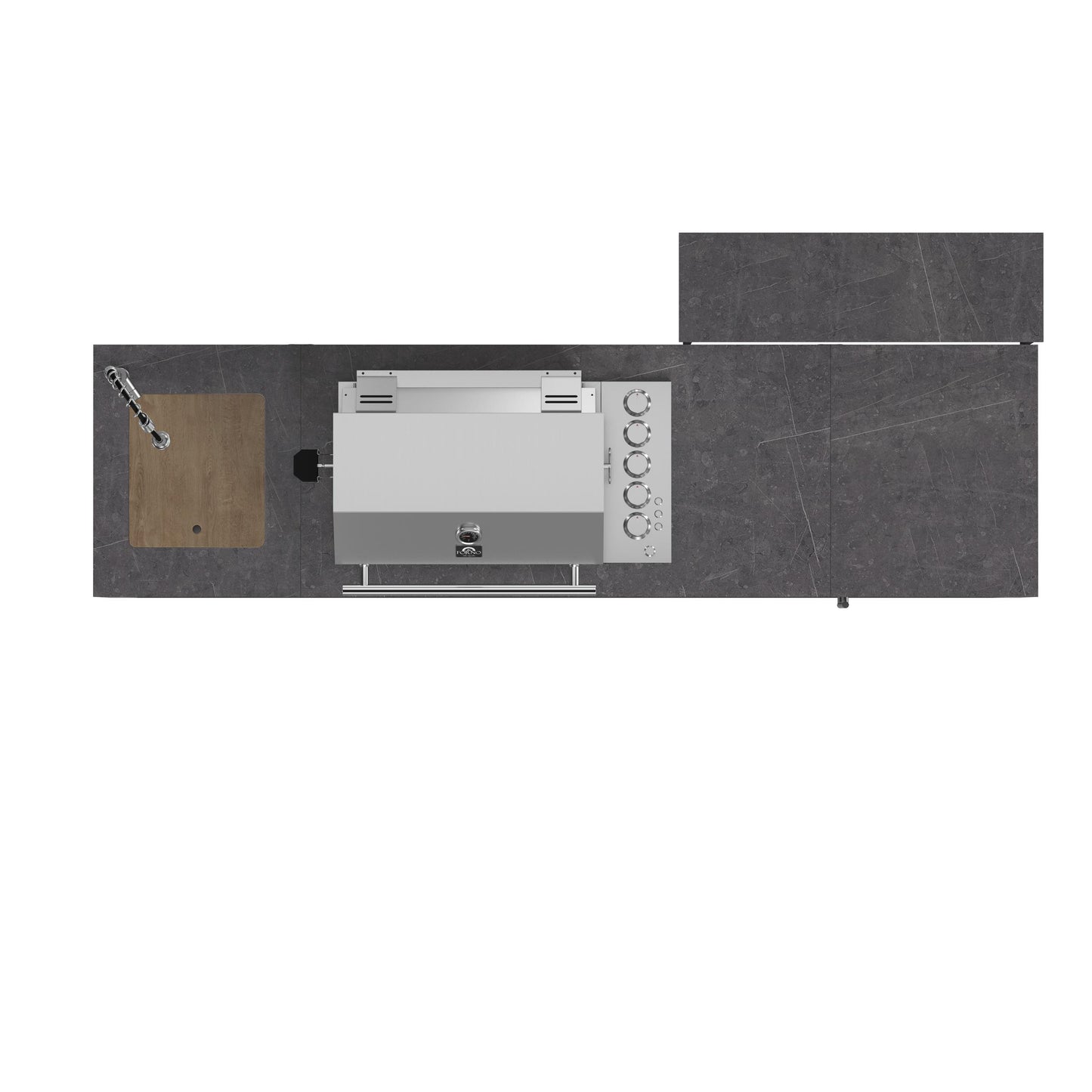 Forno FODKT2544BLK Forno Rimini Outdoor Kitchen 30" Bbq 62,600 Btu, 3 Burners With Sear & Rotisserie, 2.4 Cu.Ft. Beverage Center, Stainless Steel Sink, Black Cabinets & Gray Sintered Stone Countertop