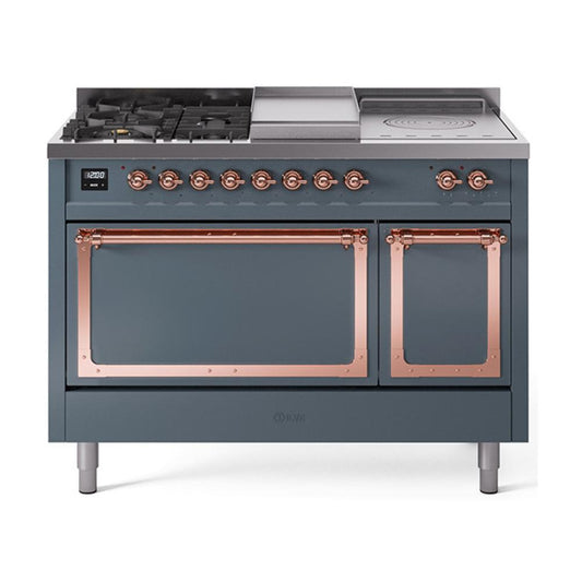 Ilve UN48FSQNMPBGPLP Ilve Un48Fsqnmpbgplp Nostalgie Ii Noblesse 48" Dual Fuel Range (5 Sealed Burners + Griddle + French Top, Liquid Propane, Solid Door, Blue Grey, Copper)