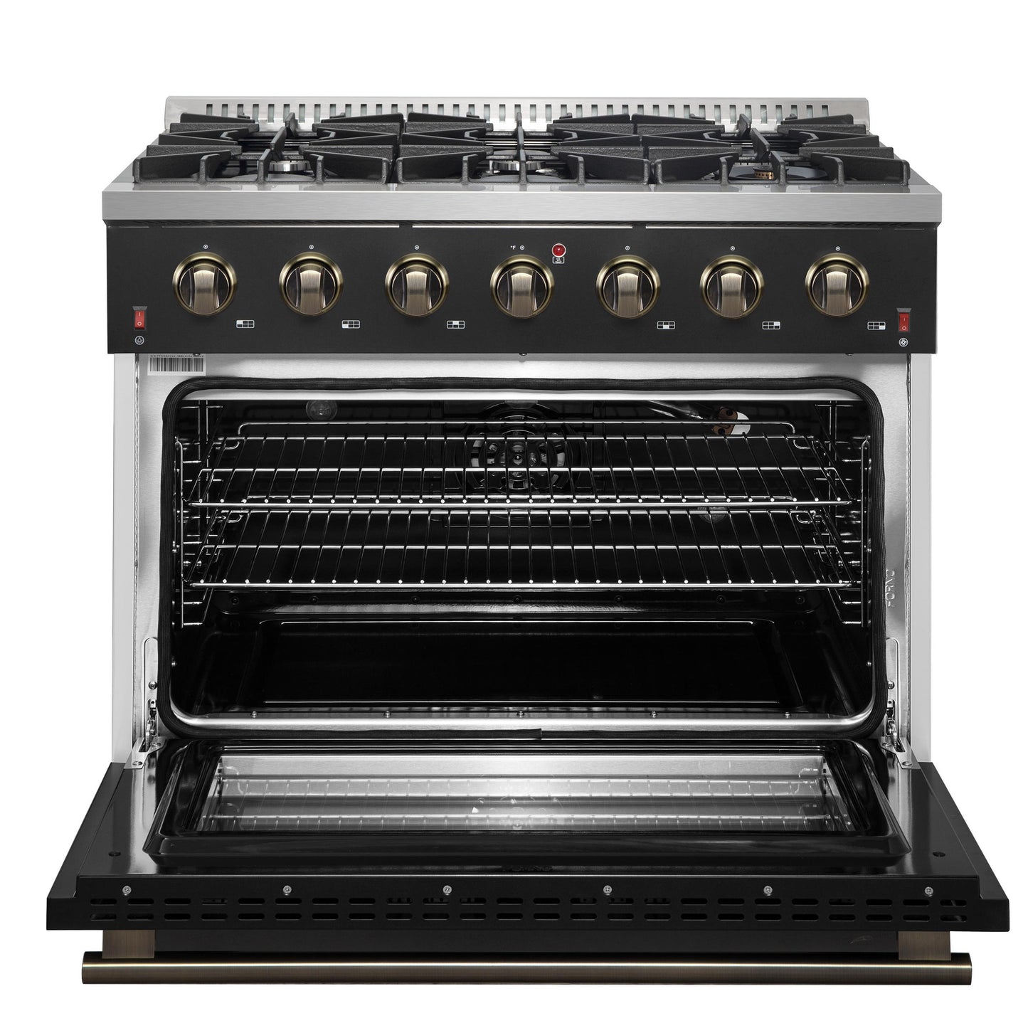 Forno FFSGS624436BLK Forno Galiano 36-Inch Freestanding Gas Range In Black With Antique Brass Design, 6 Burners, 83,000 Btu, 5.36 Cu.Ft. Convection Oven