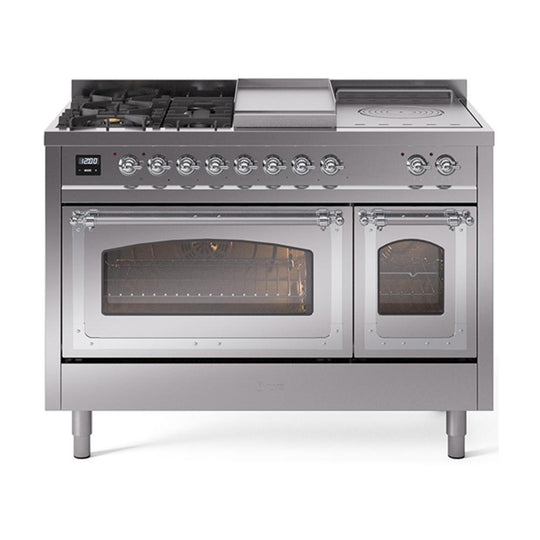 Ilve UN48FSNMPSSCLP Ilve Un48Fsnmpssclp Nostalgie Ii Noblesse 48" Dual Fuel Range (5 Sealed Burners + Griddle + French Top, Liquid Propane, Triple Glass Door, Stainless Steel, Chrome)