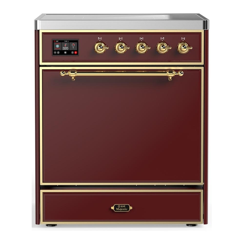 Ilve UMIB30QNR3BUG Ilve Umib30Qnr3Bug Majestic Iii 30 Inch Induction Range With 4 Elements, 4 Cu. Ft. Oven Capacity (Solid Door, Burgundy, Brass)