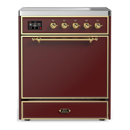 Ilve UMIB30QNR3BUG Ilve Umib30Qnr3Bug Majestic Iii 30 Inch Induction Range With 4 Elements, 4 Cu. Ft. Oven Capacity (Solid Door, Burgundy, Brass)