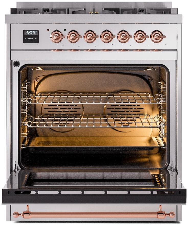 Ilve UP30NMPSSP Nostalgie Ii 30 Inch Dual Fuel Natural Gas Freestanding Range In Stainless Steel With Copper Trim