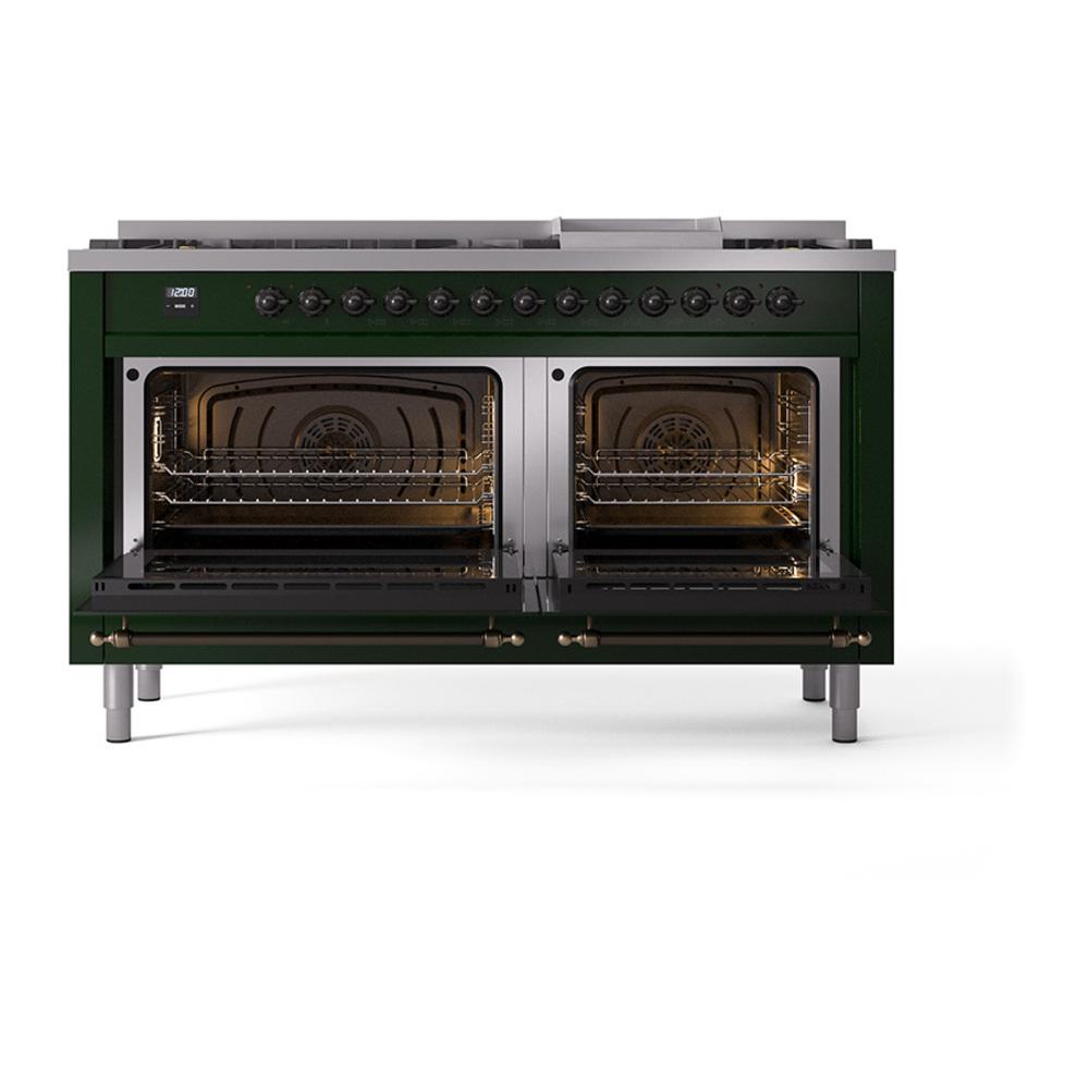 Ilve UN60FNMPEGBLP Ilve Un60Fnmpegblp Nostalgie Ii Noblesse 60" Dual Fuel Range (9 Sealed Burners + Griddle, Liquid Propane, Triple Glass Door, Emerald Green, Burnished)