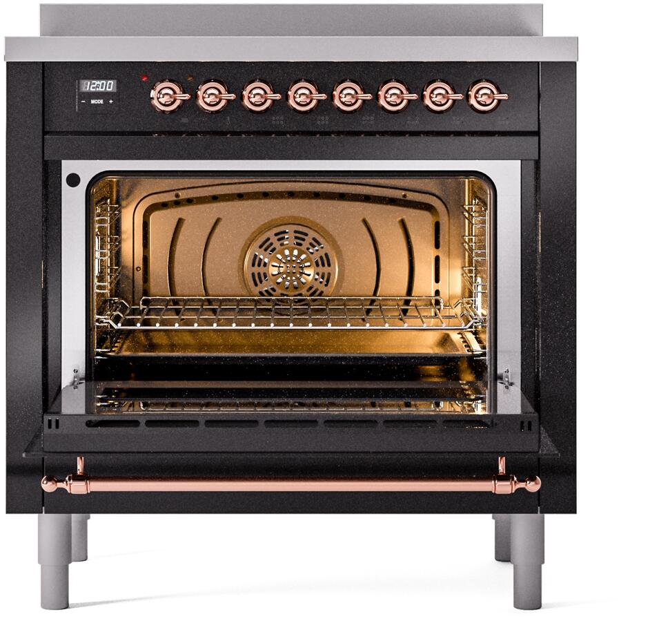 Ilve UPI366NMPBKP Nostalgie Ii 36 Inch Electric Freestanding Range In Glossy Black With Copper Trim