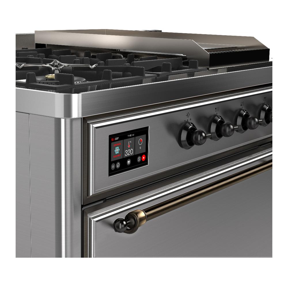 Ilve UM48FSQNR3SSB Ilve Um48Fsqnr3Ssb Majestic Iii 48 Inch Dual Fuel Range With 5 Black Brass Burners, Griddle And French Top, Dual Function Burner Up To 25,000 Btu (Natural Gas, Solid Door, Stainless Steel, Burnished)