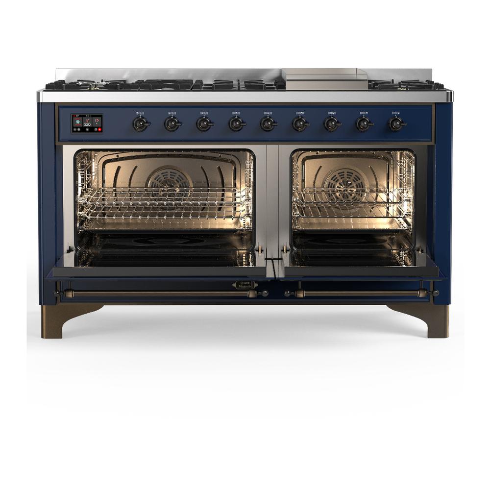 Ilve UM60FNR3MBBLP Ilve Um60Fnr3Mbblp Majestic Iii 60 Inch Dual Fuel Range With 9 Burners And Griddle, Dual Function Burner Up To 25,000 Btu (Liquid Propane, Triple Glass Door, Midnight Blue, Burnished)