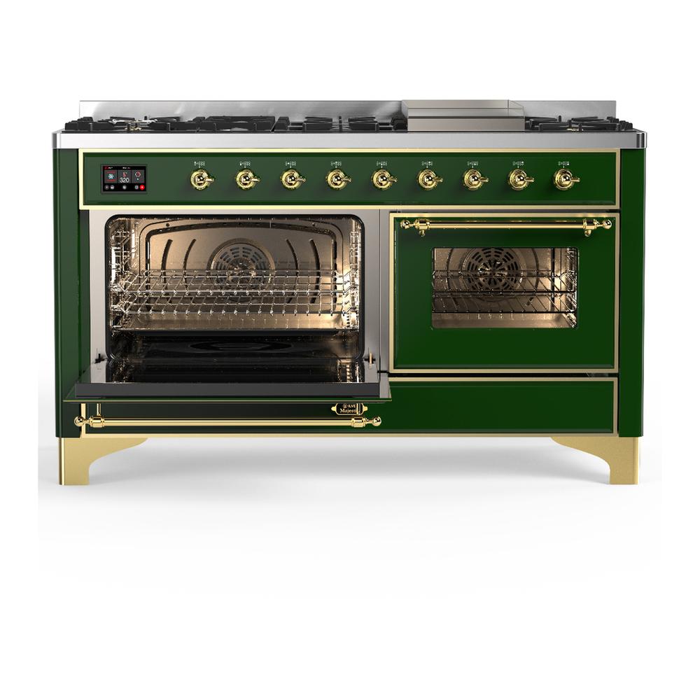 Ilve UM60FNR3EGGLP Ilve Um60Fnr3Egglp Majestic Iii 60 Inch Dual Fuel Range With 9 Burners And Griddle, Dual Function Burner Up To 25,000 Btu (Liquid Propane, Triple Glass Door, Emerald Green, Brass)
