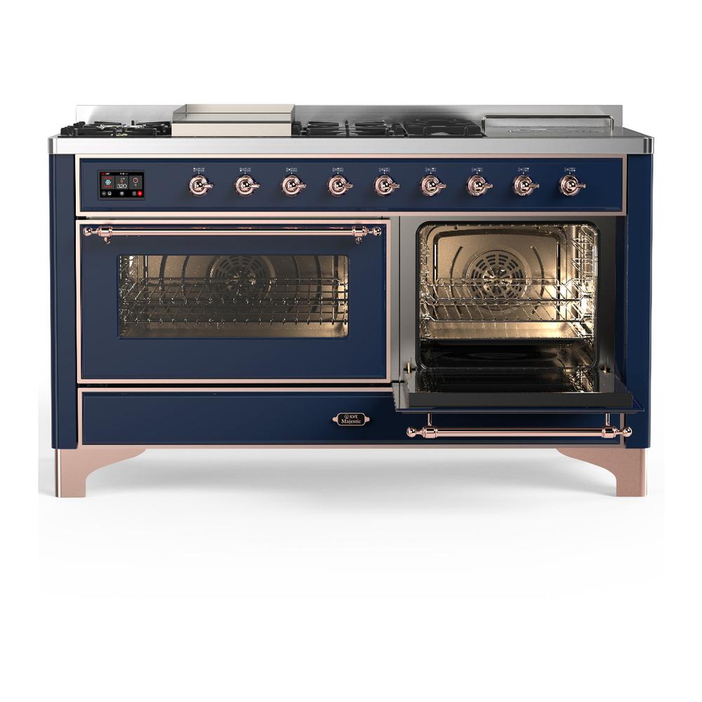 Ilve UM60FSNR3MBPLP Ilve Um60Fsnr3Mbplp Majestic Iii 60 Inch Dual Fuel Range With 7 Burners, Griddle And French Top, Dual Function Burner With Up To 25,000 Btu (Liquid Propane, Triple Glass Door, Midnight Blue, Copper)