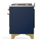 Ilve UM36FNR3MBG Ilve Um36Fnr3Mbg Majestic Iii 36 Inch Dual Fuel Range With 6 Black Brass Burners And Griddle, Dual Function Burner Up To 25,000 Btu (Triple Glass Door, Midnight Blue, Brass, Natural Gas)