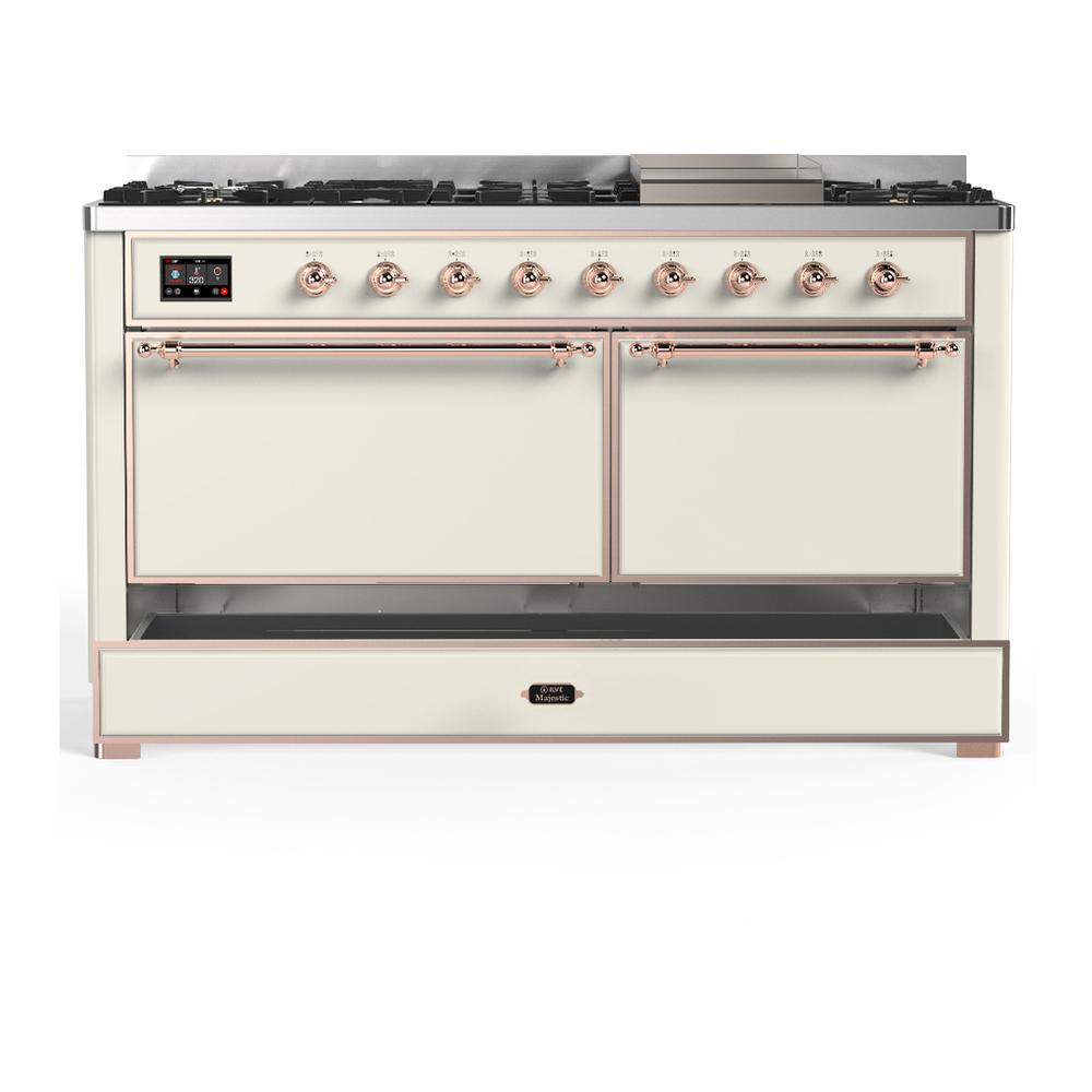 Ilve UM60FQNR3AWPLP Ilve Um60Fqnr3Awplp Majestic Iii 60 Inch Dual Fuel Range With 9 Burners And Griddle, Dual Function Burner Up To 25,000 Btu (Liquid Propane, Solid Door, Antique White, Copper)
