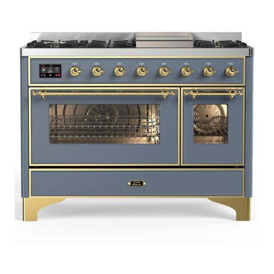 Ilve UM48FNR3BGGLP Ilve Um48Fnr3Bgglp Majestic Iii 48 Inch Dual Fuel Range With 8 Burners And Griddle, Dual Function Burner Up To 25,000 Btu (Liquid Propane, Triple Glass Door, Blue Grey, Brass)