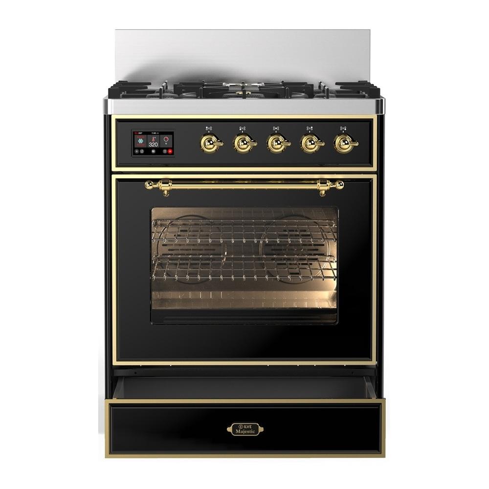 Ilve UM30NR3BKGLP Ilve Um30Nr3Bkglp Majestic Iii 30 Inch Dual Fuel Range With 5 Black Brass Burners, Dual Function Burner Up To 25,000 Btu (Liquid Propane, Triple Glass Door, Glossy Black, Brass)