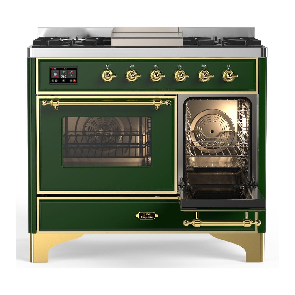 Ilve UMD40FNR3EGG Ilve Umd40Fnr3Egg Majestic Iii 40 Inch Dual Fuel Range With 6 Burners And Griddle, Dual Function Burner Up To 25,000 Btu (Natural Gas, Triple Glass Door, Emerald Green, Brass)