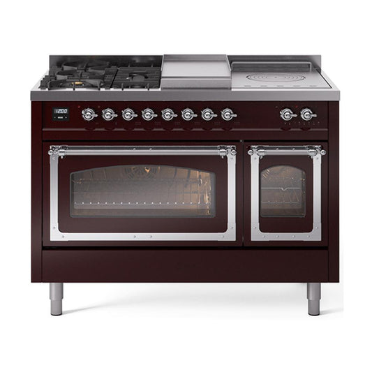 Ilve UN48FSNMPBUCLP Ilve Un48Fsnmpbuclp Nostalgie Ii Noblesse 48" Dual Fuel Range (5 Sealed Burners + Griddle + French Top, Liquid Propane, Triple Glass Door, Burgundy, Chrome)