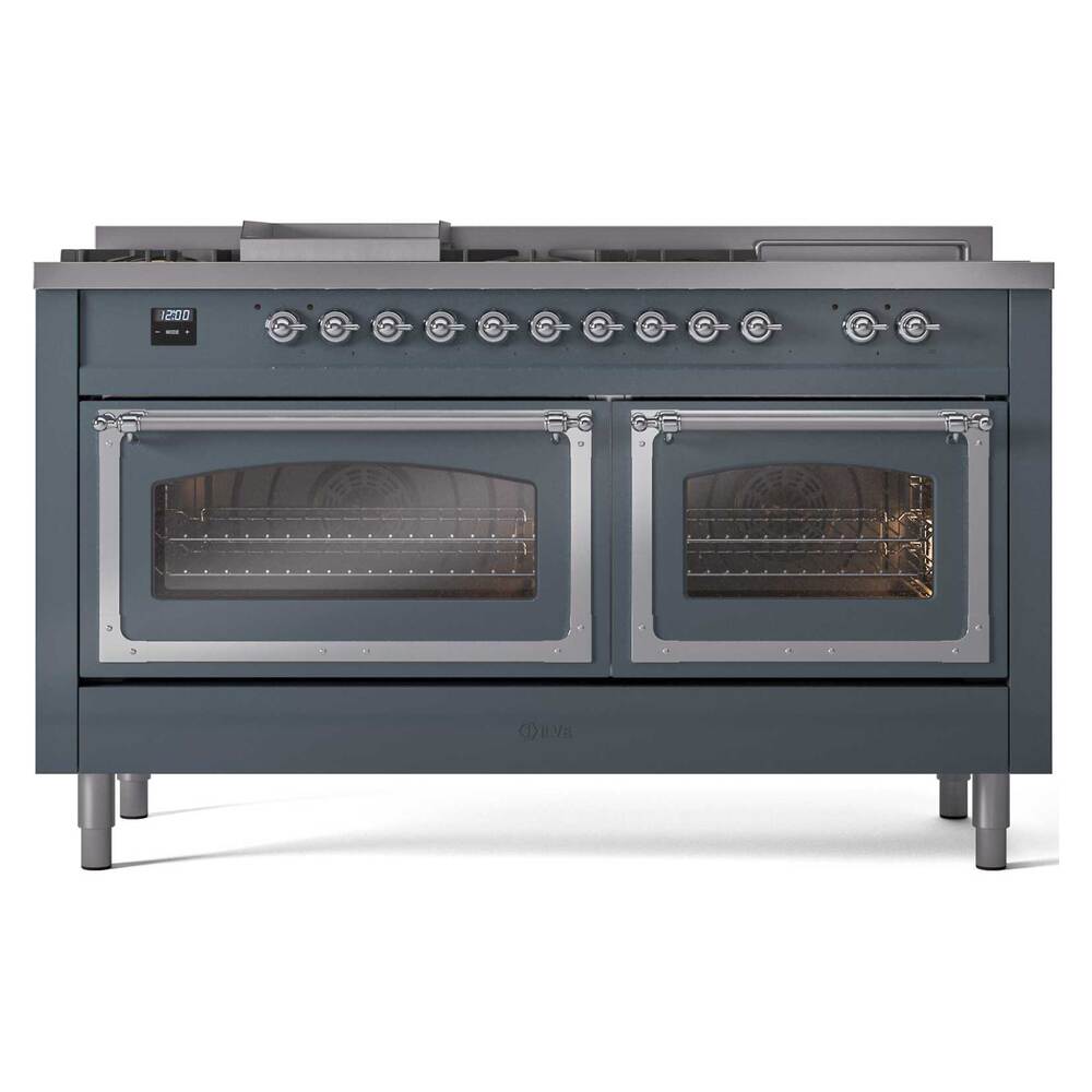 Ilve UN60FSNMPBGC Ilve Un60Fsnmpbgc Nostalgie Ii Noblesse 60" Dual Fuel Range (7 Sealed Burners + Griddle + French Top, Natural Gas, Triple Glass Door, Blue Grey, Chrome)