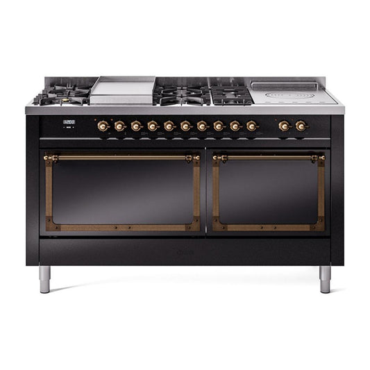 Ilve UN60FSQNMPBKBLP Ilve Un60Fsqnmpbkblp Nostalgie Ii Noblesse 60" Dual Fuel Range (7 Sealed Burners + Griddle + French Top, Liquid Propane, Solid Door, Glossy Black, Burnished)
