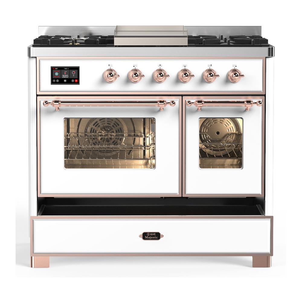 Ilve UMD40FNR3WHPLP Ilve Umd40Fnr3Whplp Majestic Iii 40 Inch Dual Fuel Range With 6 Burners And Griddle, Dual Function Burner Up To 25,000 Btu (Liquid Propane, Triple Glass Door, White, Copper)