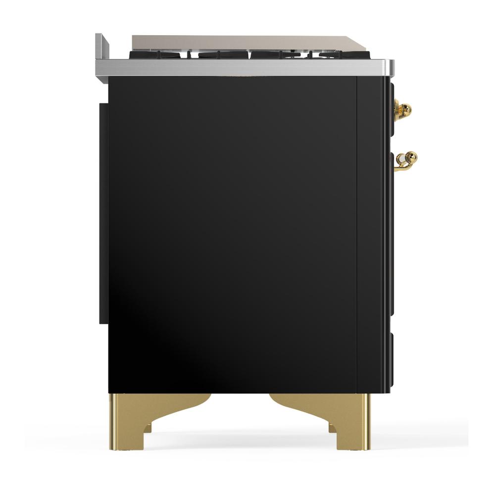 Ilve UM60FNR3BKGLP Ilve Um60Fnr3Bkglp Majestic Iii 60 Inch Dual Fuel Range With 9 Burners And Griddle, Dual Function Burner Up To 25,000 Btu (Liquid Propane, Triple Glass Door, Glossy Black, Brass)