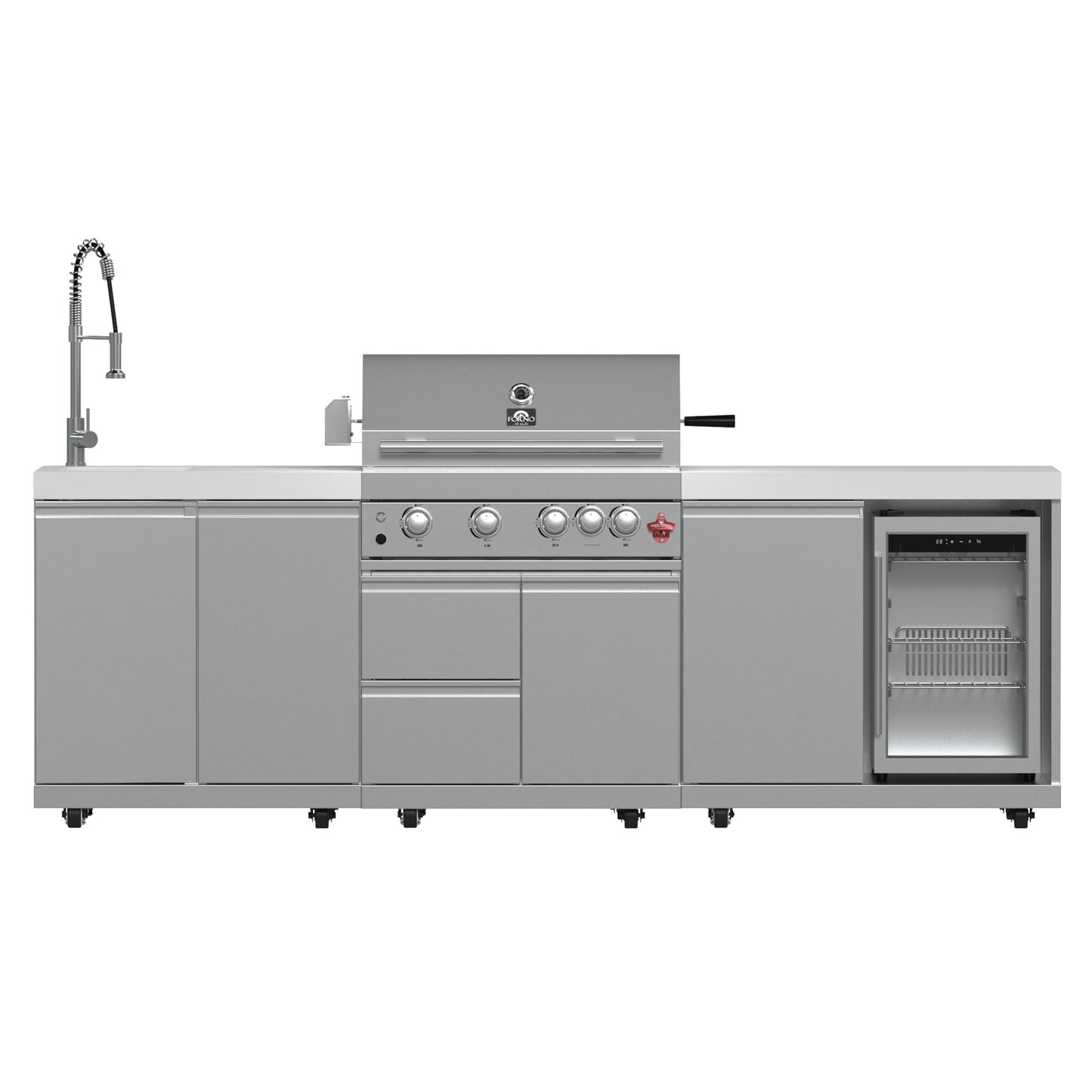 Forno FODKT2506WHT Forno Bulnes 30-Inch Bbq, 60,000 Btu, 3 Burners With Sear & Rotisserie Infrared Burners, Stainless Steel Outdoor Kitchen With 1.8 Cu.Ft. Beverage Center & White Sintered Stone Countertops