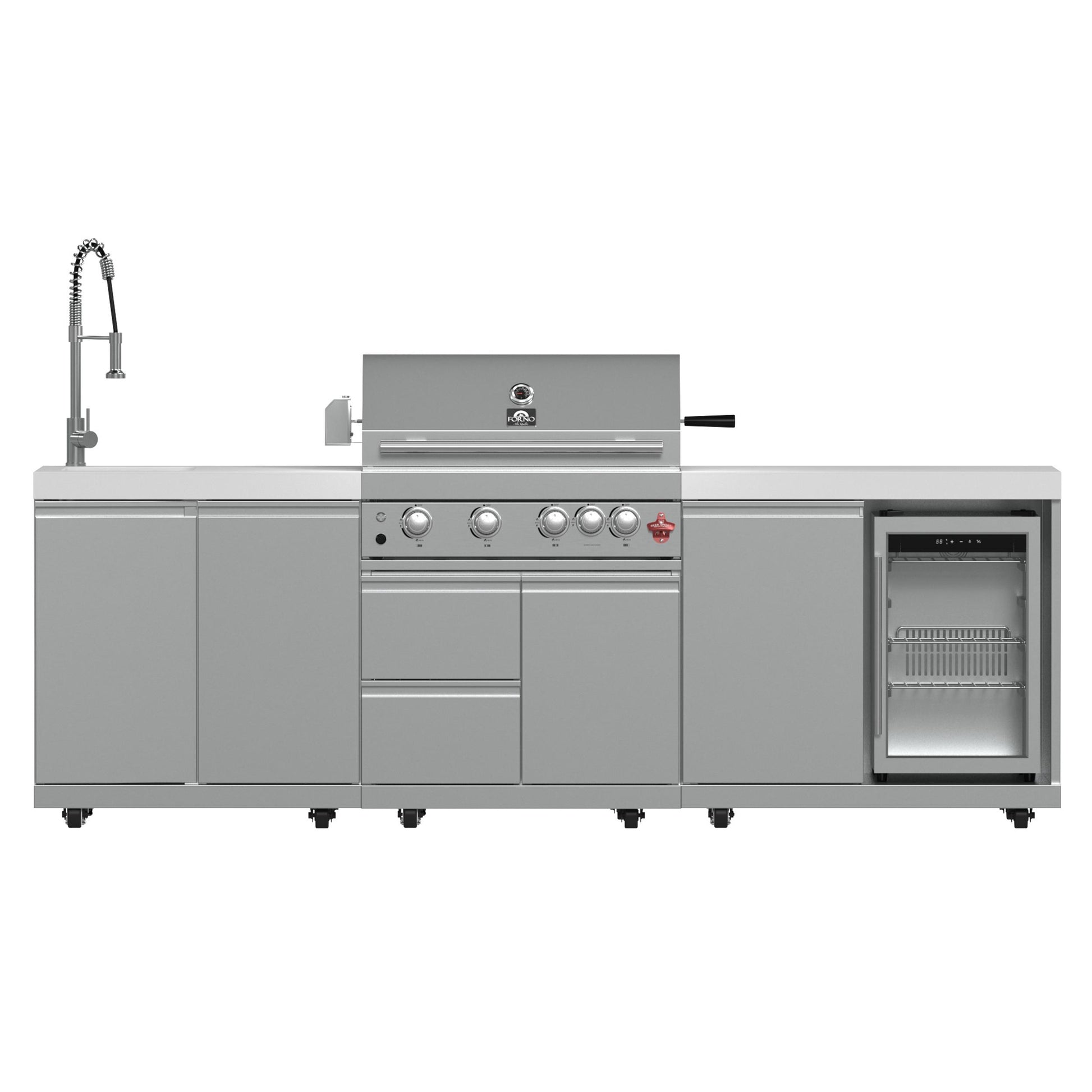 Forno FODKT2506WHT Forno Bulnes 30-Inch Bbq, 60,000 Btu, 3 Burners With Sear & Rotisserie Infrared Burners, Stainless Steel Outdoor Kitchen With 1.8 Cu.Ft. Beverage Center & White Sintered Stone Countertops
