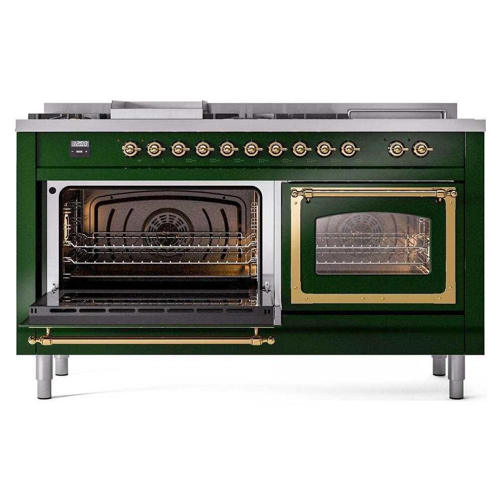 Ilve UN60FSNMPEGGLP Ilve Un60Fsnmpegglp Nostalgie Ii Noblesse 60" Dual Fuel Range (7 Sealed Burners + Griddle + French Top, Liquid Propane, Triple Glass Door, Emerald Green, Brass)
