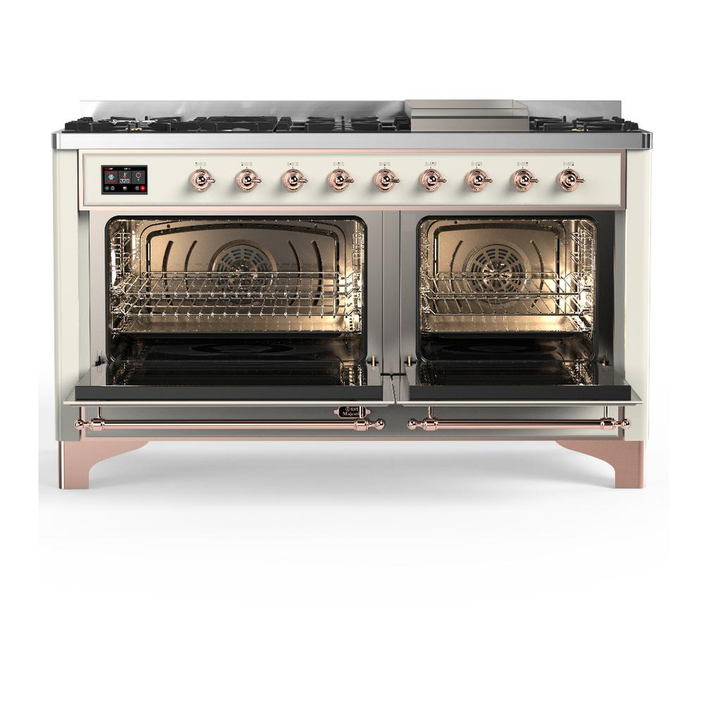 Ilve UM60FQNR3AWP Ilve Um60Fqnr3Awp Majestic Iii 60 Inch Dual Fuel Range With 9 Burners And Griddle, Dual Function Burner Up To 25,000 Btu (Natural Gas, Solid Door, Antique White, Copper)