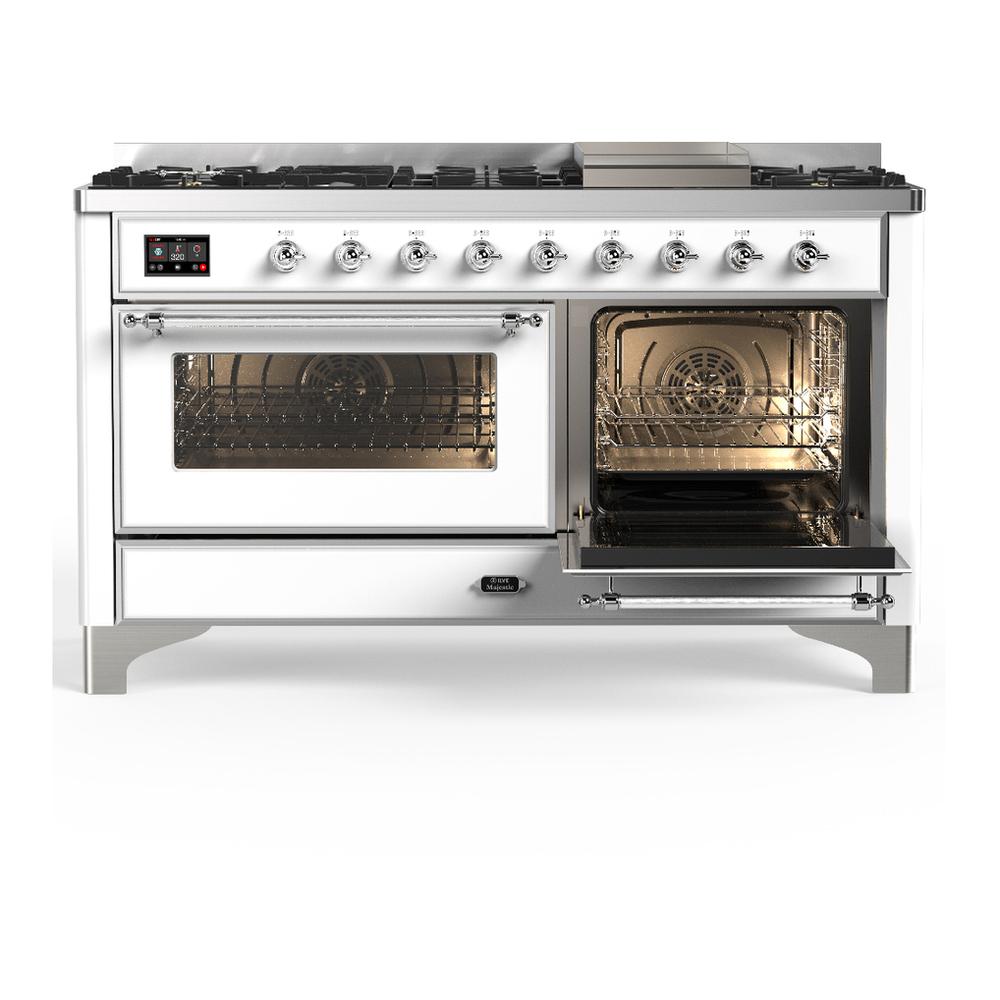 Ilve UM60FNR3WHCLP Ilve Um60Fnr3Whclp Majestic Iii 60 Inch Dual Fuel Range With 9 Burners And Griddle, Dual Function Burner Up To 25,000 Btu (Liquid Propane, Triple Glass Door, White, Chrome)