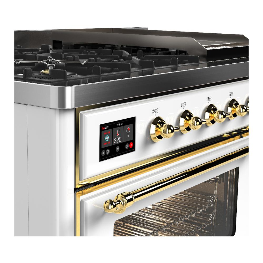 Ilve UM48FNR3WHGLP Ilve Um48Fnr3Whglp Majestic Iii 48 Inch Dual Fuel Range With 8 Burners And Griddle, Dual Function Burner Up To 25,000 Btu (Liquid Propane, Triple Glass Door, White, Brass)