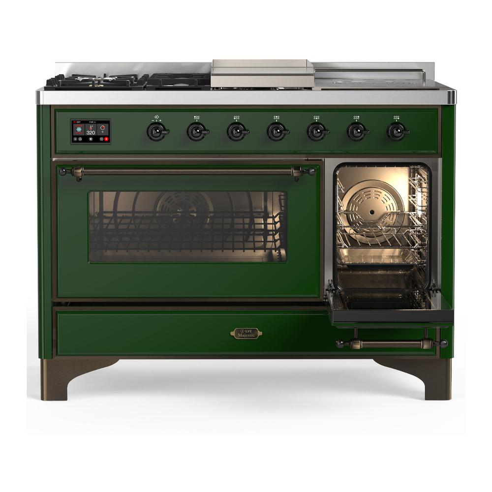 Ilve UM48FSNR3EGBLP Ilve Um48Fsnr3Egblp Majestic Iii 48 Inch Dual Fuel Range With 5 Black Brass Burners, Griddle And French Top, Dual Function Burner Up To 25,000 Btu (Liquid Propane, Triple Glass Door, Emerald Green, Burnished)