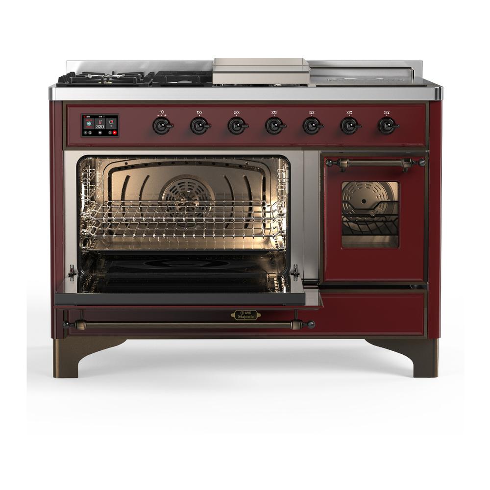 Ilve UM48FSNR3BUBLP Ilve Um48Fsnr3Bublp Majestic Iii 48 Inch Dual Fuel Range With 5 Black Brass Burners, Griddle And French Top, Dual Function Burner Up To 25,000 Btu (Liquid Propane, Triple Glass Door, Burgundy, Burnished)
