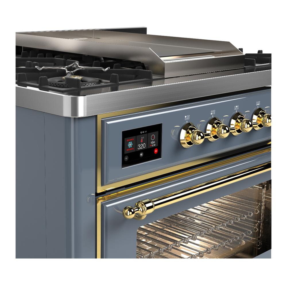 Ilve UM36FNR3BGG Ilve Um36Fnr3Bgg Majestic Iii 36 Inch Dual Fuel Range With 6 Black Brass Burners And Griddle, Dual Function Burner Up To 25,000 Btu (Triple Glass Door, Blue Grey, Brass, Natural Gas)